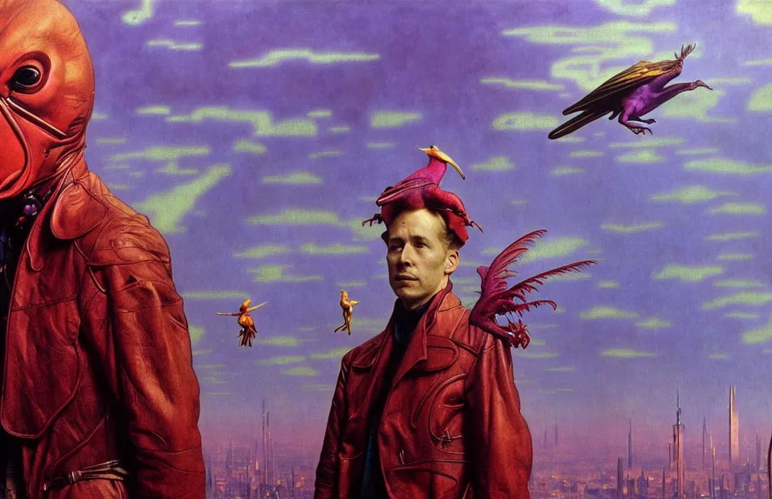 Image similar to realistic detailed portrait movie shot of a birdman wearing violet leather coat, sci fi city landscape background by denis villeneuve, amano, yves tanguy, alphonse mucha, ernst haeckel, max ernst, roger dean, masterpiece, rich moody colours, blue eyes