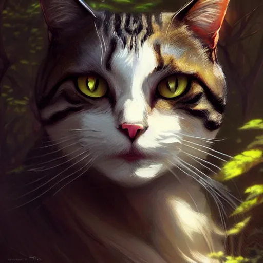 Image similar to Portrait of cat in forest, D&D, dark fantasy, intricate, elegant, highly detailed, digital painting, artstation, concept art, smooth, sharp focus, illustration, art by artgerm and greg rutkowski and alphonse mucha