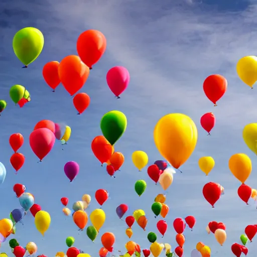 Image similar to a lot of birthday balloons with smiley faces floating in the clouds