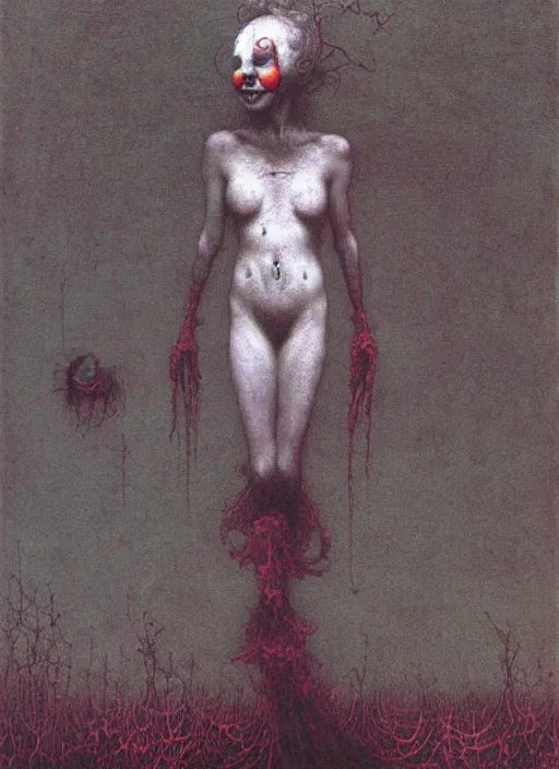 Prompt: clown girl by Beksinski and Arthur Rackham