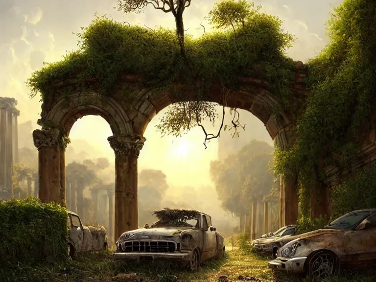 Image similar to a tree growing on a scrap car in ancient greek ruins, gray wasteland, many overgrown scrap cars, overgrown pillars and arches, vines, flowers, hyperrealistic, highly detailed, cinematic, ray of golden sunlight, beautiful, cgsociety, artstation, 8 k, oil painting by greg rutkowski, by artgerm, by wlop