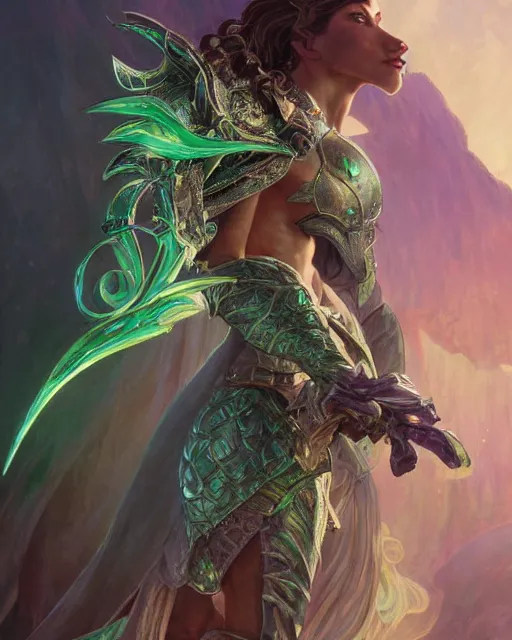 Prompt: Portrait of a Fantasy emerald knight, moonlit, HD, illustration, epic, D&D, fantasy, intricate, elegant, highly detailed, digital painting, artstation, concept art, smooth, sharp focus, illustration, art by artgerm and greg rutkowski and alphonse mucha, monster hunter illustrations art book