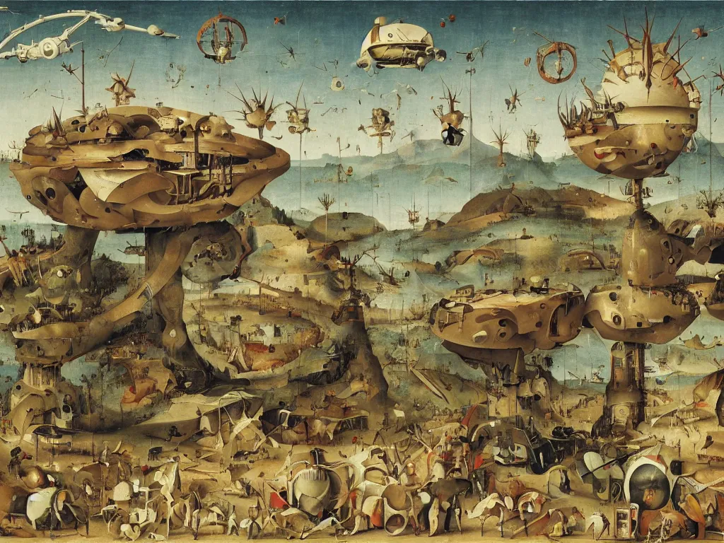 Image similar to dream bot mothership above a giant forehead. painting by bosch, walton ford