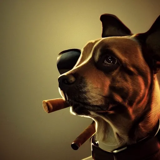 Image similar to a dog wearing smoking a cigar, dramatic lighting, cinematic, establishing shot, extremly high detail, photorealistic, cinematic lighting, concept art, artstation, style by greg rutkowsky