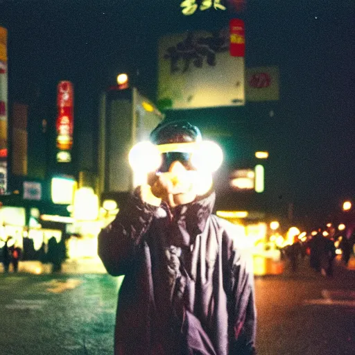 Image similar to old black man in tokyo at night, wearing ski goggles, cinestill 8 0 0,