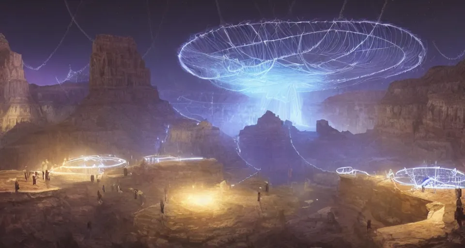 Image similar to night, a lot of people and a spiral - shaped white luminous attractor is floating in grand canyon, concept art, art for the game, professional lighting, art