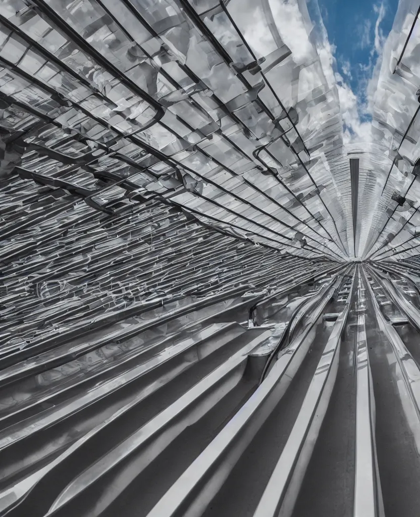 Image similar to rows of escalators leading endlessly into the sky, sunny day, clouds, cinematic, masterpiece