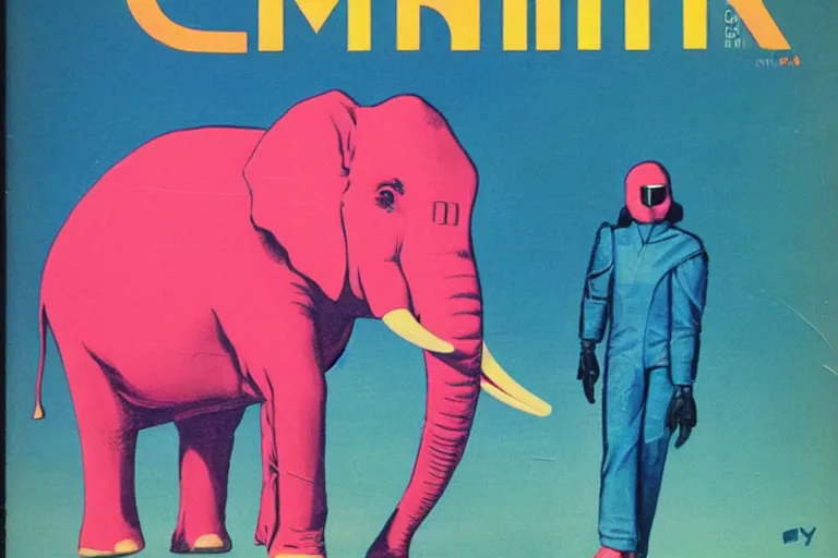 Prompt: 1979 OMNI Magazine Cover of a pink elephant. in cyberpunk style by Vincent Di Fate
