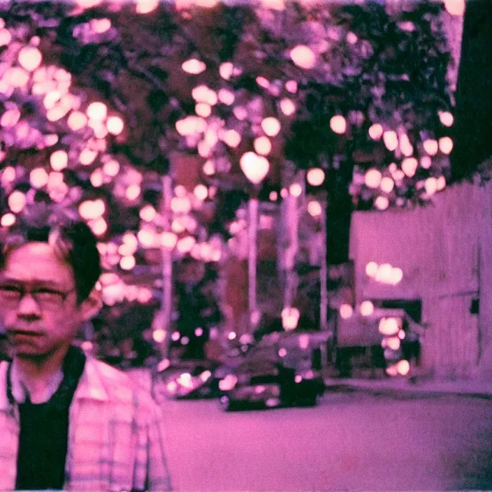 Image similar to cinematic 3 5 mm still from a movie by ishiro honda, alec soth : : love, art : : professional photograph, cinestill 8 0 0 tungsten, high quality, pink and triadic color scheme, leica, flare, urban