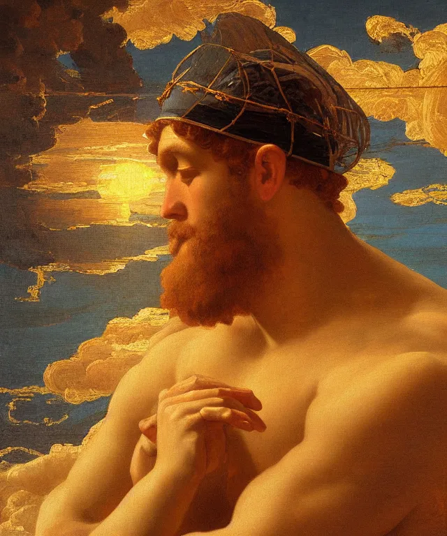 Image similar to a beautifully high detail, intricate, clear detailed portrait of a close up of zeus with an construction hat golden in teal curtain at beautiful sunset daytime nature sunlit nebula background painting by frederic leighton and rosetti, 8 k