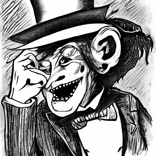 Image similar to a Pop Wonder scary horror themed goofy-hilarious-character Mad-Hatter-babadook-wearing a scarf, 3-piece-suit, dime-store-comic drawn with charcoal and pen and ink, half-tone-line-stacking