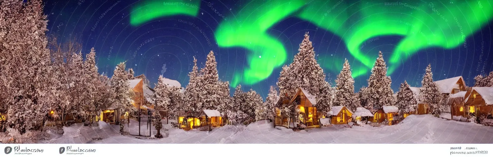 Prompt: small cozy village at Christmas night starry night aurora borealis nordic plaza