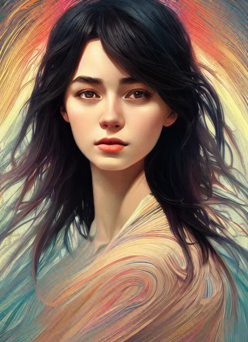 Image similar to handsome young women with shoulder length black hair, half body shot, path traced, highly detailed, high quality, digital painting, alena aenami, lilia alvarado, shinji aramaki, karol bak, alphonse mucha, tom bagshaw, hd, 8 k