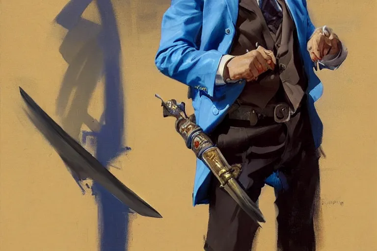 Image similar to greg manchess portrait painting of a blond man in a blue suit with a sword and a pistol, asymmetrical, profile picture, organic painting, sunny day, matte painting, bold shapes, hard edges, street art, trending on artstation, by huang guangjian, gil elvgren, ruan jia, randy vargas, greg rutkowski