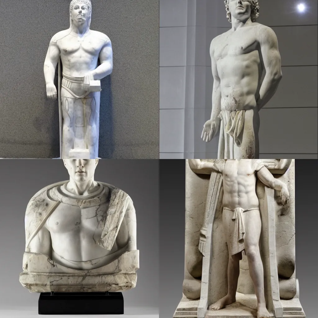 Prompt: marble white statue of Elon Musk by Grucio Sophrdeltes (circa 300 BC)