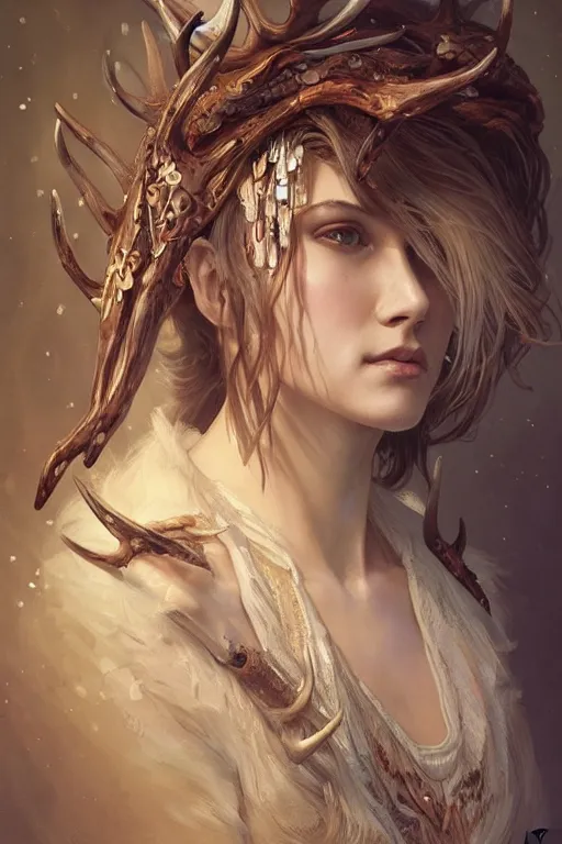 Prompt: ultra realistic illustration, a stunningly beautiful shaman girl with antlers and bone fragments, intricate, elegant, highly detailed, digital painting, artstation, concept art, smooth, sharp focus, illustration, art by artgerm and greg rutkowski and alphonse mucha