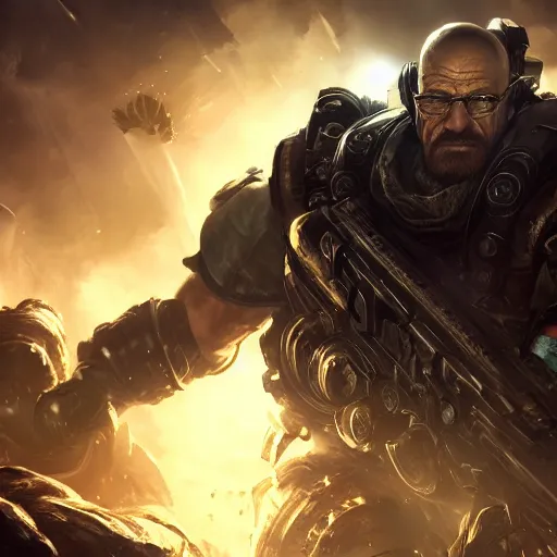 Prompt: Walter White, League of Legends amazing splashscreen artwork, Gears of War, splash art,natural light, elegant , intricate, fantasy, detailed face, atmospheric lighting, anamorphic lens flare, cinematic lighting, league of legends splash art, hd wallpaper, ultra high details by Greg rutkowski