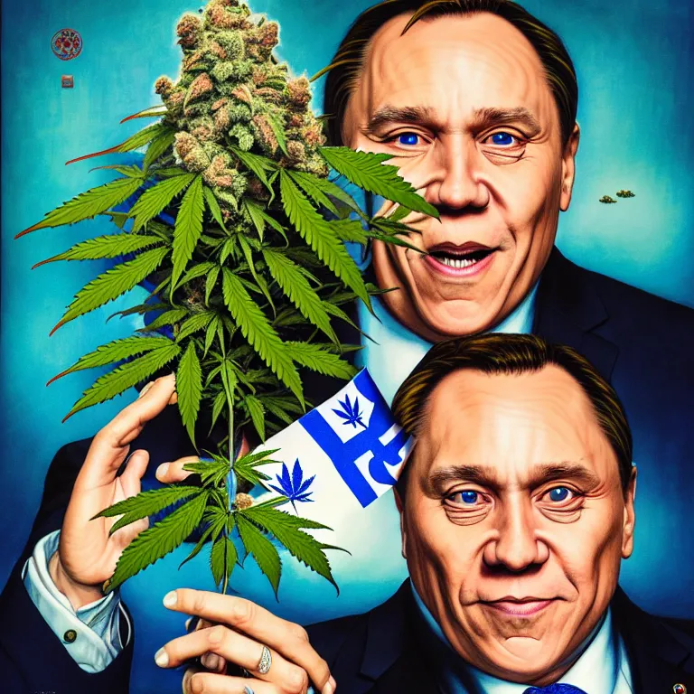 Image similar to a portrait of premier francois legault in 2 0 2 1 with cannabis and quebec flag illustrated by miyazaki by karol bak, james jean, tom bagshaw, rococo, sharp focus, trending on artstation, cinematic lighting, hyper realism, octane render, 8 k, hyper detailed, vivid, ultra detailed, highly detailed