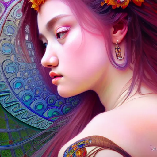 Image similar to portrait of jossi of blackpink, fractal goddess, highly detailed, digital painting, smooth, sharp focus, illustration, ultra realistic, 8 k, art by artgerm and alphonse mucha