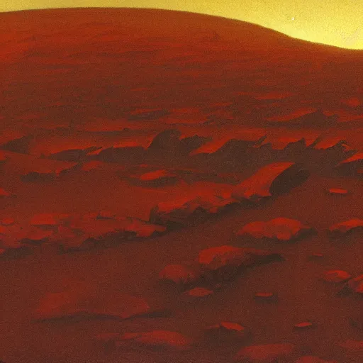 Prompt: A mars landscape by Chesley Bonestell, detailed, atmospheric, cliffs, dimly lit by the cyan sun, flowing rivers, 8k
