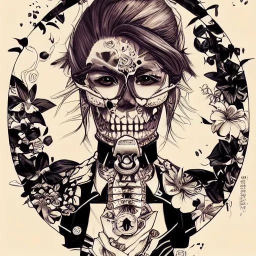 Image similar to anime manga skull portrait young woman skeleton, Simpsons , Disney , intricate, elegant, highly detailed, digital art, art by JC Leyendecker and sachin teng