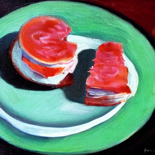 Prompt: a still life portrait of green eggs and ham, oil on canvas, highly detailed