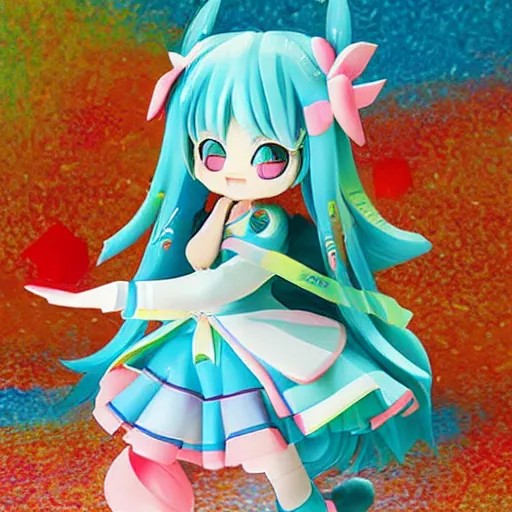 Prompt: A happy meal toy of Hatsune Miku, vibrant, cute, chibi, highly detailed, mint condition, oil painting by Claude Monet