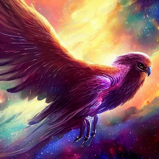 Image similar to a giant eagle constellation flying through a nebula by WLOP and tony sart, fantasy art, 4k, HDR, photorealistic, 8k, trending on artstation
