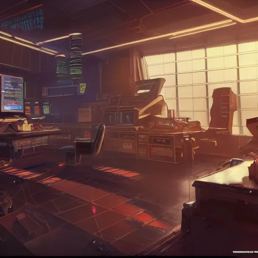 Image similar to the main office of the time saving bank, cyber punk, retro machinery, futuristic hi-tech details, art by anthony macbain + greg rutkowski + jean giraud, concept art, 4k, sharp focus, cinematic render unreal engine