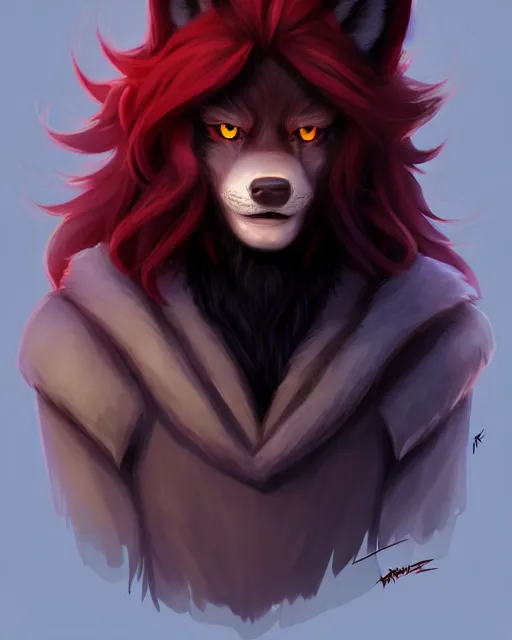 Image similar to character concept art of a black anthropomorphic furry male wolf with long red hair | | cute - fine - face, pretty face, key visual, realistic shaded perfect face, fine details by stanley artgerm lau, wlop, rossdraws, james jean, andrei riabovitchev, marc simonetti, and sakimichan, artstation