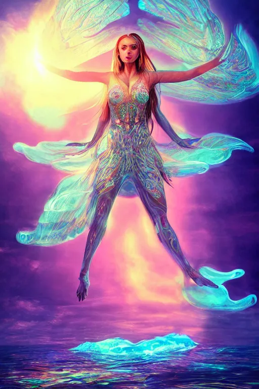 Prompt: overdetailed maximalist fullbody portrait of a beautiful female energy being transcending to her true form while floating over a surreal landscape. Made by oozium. Artstation. Deviantart 8k 3d realistic render. Bright, sacred, spiritual, dawn, backlit, calm, relaxed, dynamic, ethereal, arcane, intricate, mysterious, dramatic, cinematic. Photorealistic render. Morning lights. Seen from below.
