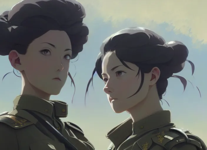 Image similar to a film still portrait of a war soldier woman, finely detailed features, closeup at the faces, perfect art, at a battlefield, gapmoe yandere grimdark, trending on pixiv fanbox, painted by greg rutkowski makoto shinkai takashi takeuchi studio ghibli, akihiko yoshida