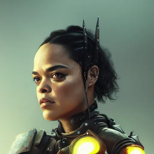 Image similar to tessa thompson portrait, dystopia core, apocalyptic, armor, warrior, dramatic, sharp focus, fiction, neon, fantasy, hyper detailed, digital art, trending in artstation, cinematic lighting, studio quality, smooth render, unreal engine 5 rendered, octane rendered, art style and nixeu and wlop and krenz cushart