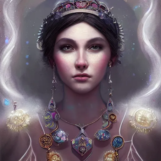 Image similar to A beautiful digital painting of a female Seraphim full of jewels, princess, the moon behind her, intricate, cinematic lighting, highly detailed, digital painting, Artstation, concept art, smooth, sharp focus, illustration, art by Tom Bagshaw, Artgerm and Greg Rutkowski