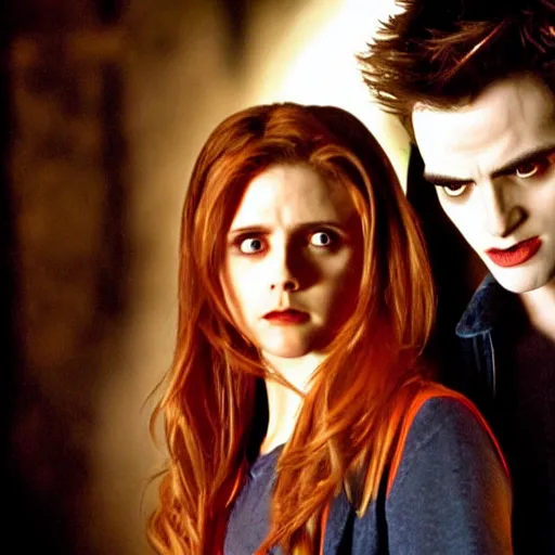 Image similar to buffy the vampire slayer fights twilight's edward cullen to the death, dramatic high - contrast film still, blue and orange rim lighting, iconic,