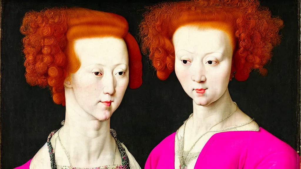 Image similar to close - up portrait of a woman with red hair and big hair curlers, wearing a neon pink baggy pajamas, standing in a botanical garden, intricate details, highly detailed, in the style of rogier van der weyden and jacopo da pontormo, punk, masterpiece, asian art