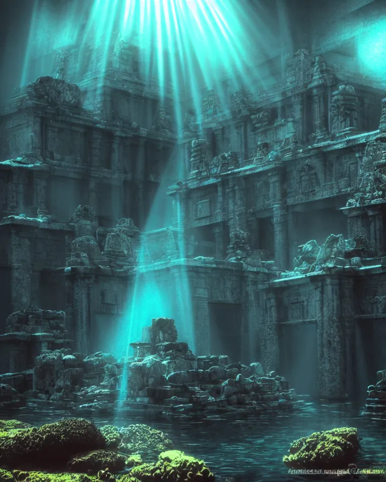 Image similar to full color, wide shot of submerged pre - incan temple, dark, underwater, symmetrical, crepuscular rays, bubbles, abyss, grenada underwater statue park, anime style mixed with fujifilm, very dark, murky, foggy, atmospheric, artstation, cgsociety, octane render, cgi, unreal engine 5, denoise, detailed, cinematic masterpiece