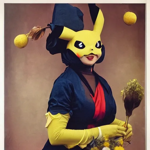 Image similar to elegant woman dressed up as pikachu, art photo by Annie Liebovitz and Alphonse Mucha