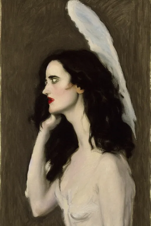 Image similar to portrait of eva green as an angel of death by walter sickert, john singer sargent, and william open
