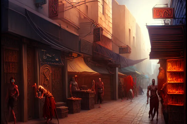 Image similar to a bazaar street in the city of tyr from athas, amazing dark sun digital painting, by gerald brom, brom digital art, intricate details, ultra realistic, beautiful art by brom, volumetric lighting, by brom, trending cgsociety, highly detailed, rim light, art, cinematic lighting, artstation, rim lighting, 8 k