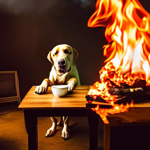 Image similar to a photograph of a room on fire, an human-like relaxed dog sitting at a table, ☕ on the table, surrounded by flames, a lot of flames behind the dog, smoke under the ceiling