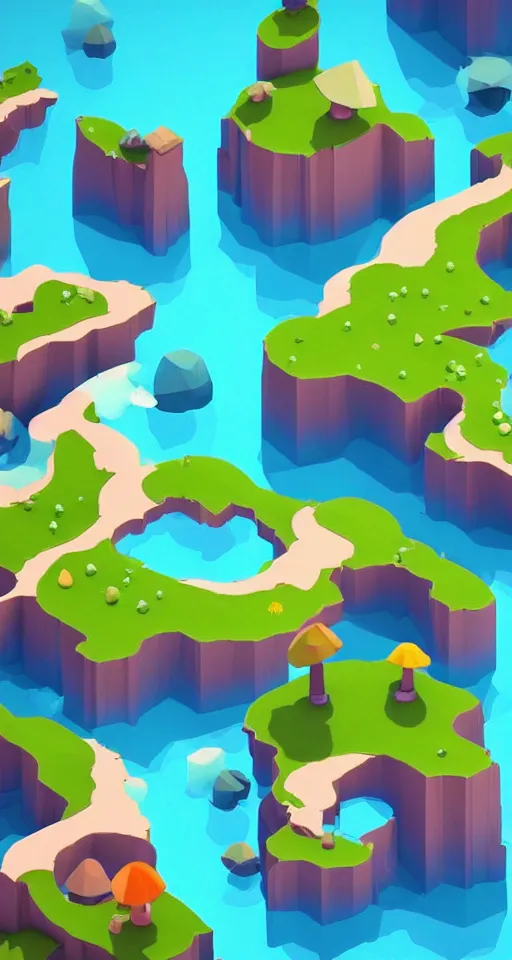 Image similar to a cute little matte low poly isometric mushroom island, waterfalls, lat lighting, soft shadows, trending on artstation, 3d render, monument valley, fez video game,