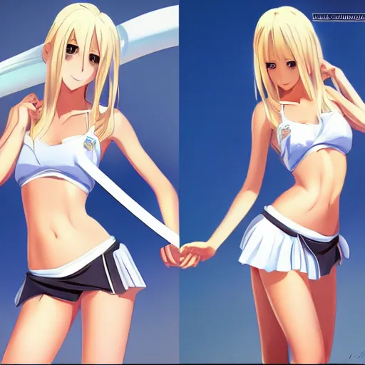 Image similar to full body shot : a very beautiful young blond tennis anime girl, sky blue eyes, smug, bikini, white miniskirt, highly detailed, cinematic wallpaper by stanley artgerm lau