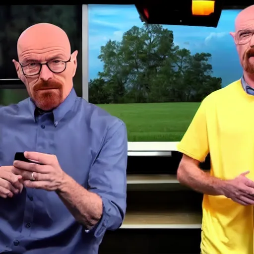 Prompt: Walter White as guest of Mark Rober on YouTube