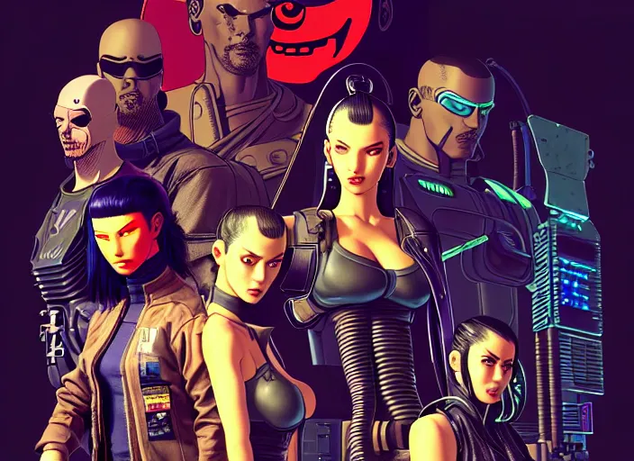 Image similar to cyberpunk samurai team. portrait by stonehouse and mœbius and will eisner and gil elvgren and pixar. character design. realistic proportions. cyberpunk 2 0 7 7 character art, blade runner 2 0 4 9 concept art. cel shading. attractive face. thick lines. the team. diverse characters. artstationhq.