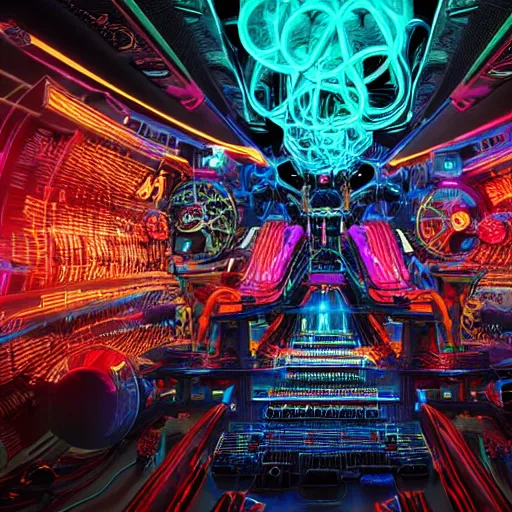 Prompt: album cover, album is called tripmachine, photo of a huge futuristic steampunk machine, made of guitars and drums and pianos, glowing monitors, connected with glowing tubes 8 k, fluorescent colors, halluzinogenic, multicolored, exaggerated detailed, front shot, 3 d render, octane