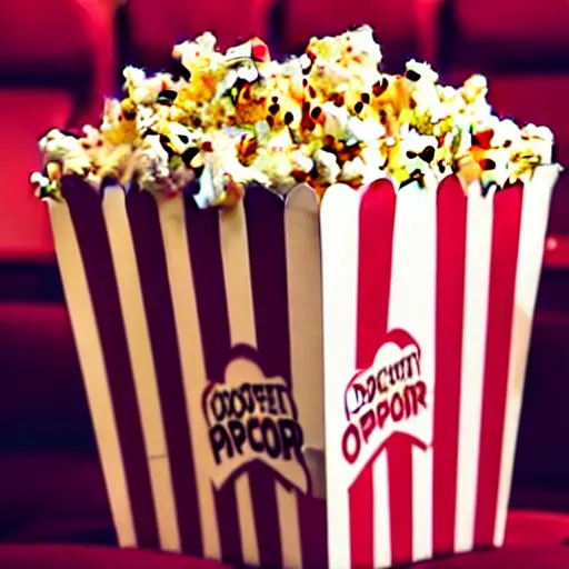 Prompt: photo of movie theater popcorn bucket overflowing