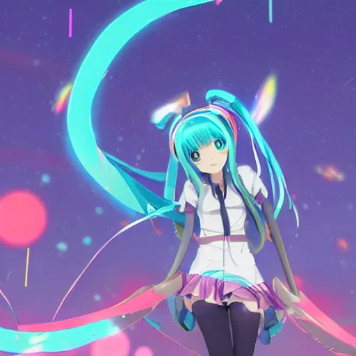 Image similar to high quality art of a hatsune miku is flying with her back to the camera above the night tokyo at bird's - eye height, glowing particles and ribbons follow her arms, glowing advertising banners on buildings depicting hatsune miku are visible in the distance, art by makoto shinkai, crunchyroll, pixiv, danbooru, hd