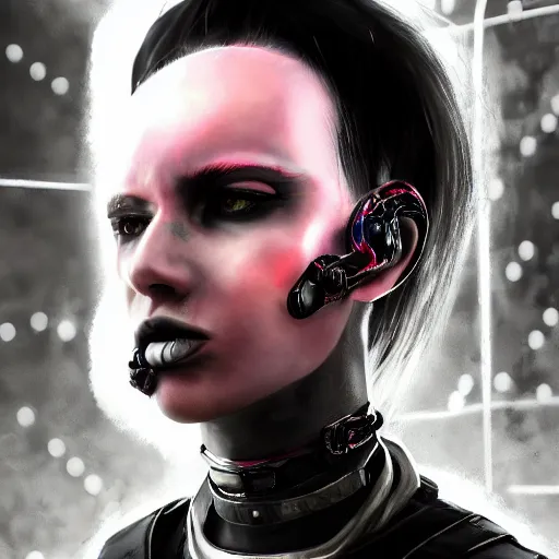 Image similar to detailed realistic female character cyberpunk wearing thick steel collar around neck, realistic, art, beautiful, 4K, collar, choker, collar around neck, punk, artstation, detailed, female, woman, choker, cyberpunk, neon, punk, collar, choker, collar around neck, thick collar, choker around neck, wearing choker, wearing collar,