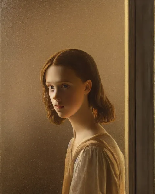 Prompt: a window - lit realistic portrait painting of a thoughtful girl resembling a young, shy, redheaded alicia vikander or millie bobby brown, lit by a window at the side, highly detailed, intricate, by leonardo davinci and rosetti